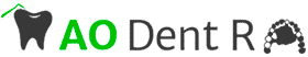 AO Dent R : Cabinet de Soins Dentaires et d'Implantologie Logo AO Dent R avec une icône de dent grise sous un toit vert et une arcade dentaire. Cabinet de soins dentaires.