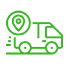 Livraison Rapide et Suivi de Colis en Temps Réel Icône verte d'un camion de livraison en mouvement avec un marqueur de géolocalisation pour le suivi de colis.