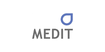Medit : Logo Officiel et Solutions de Dentisterie Numérique Logo Medit en lettres grises surmonté d'une icône bleue stylisée en forme de goutte sur fond blanc.