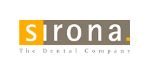 Sirona Logo : The Dental Company - Leader mondial dentaire Logo Sirona The Dental Company avec texte blanc sur blocs rectangulaires orange et gris taupe.